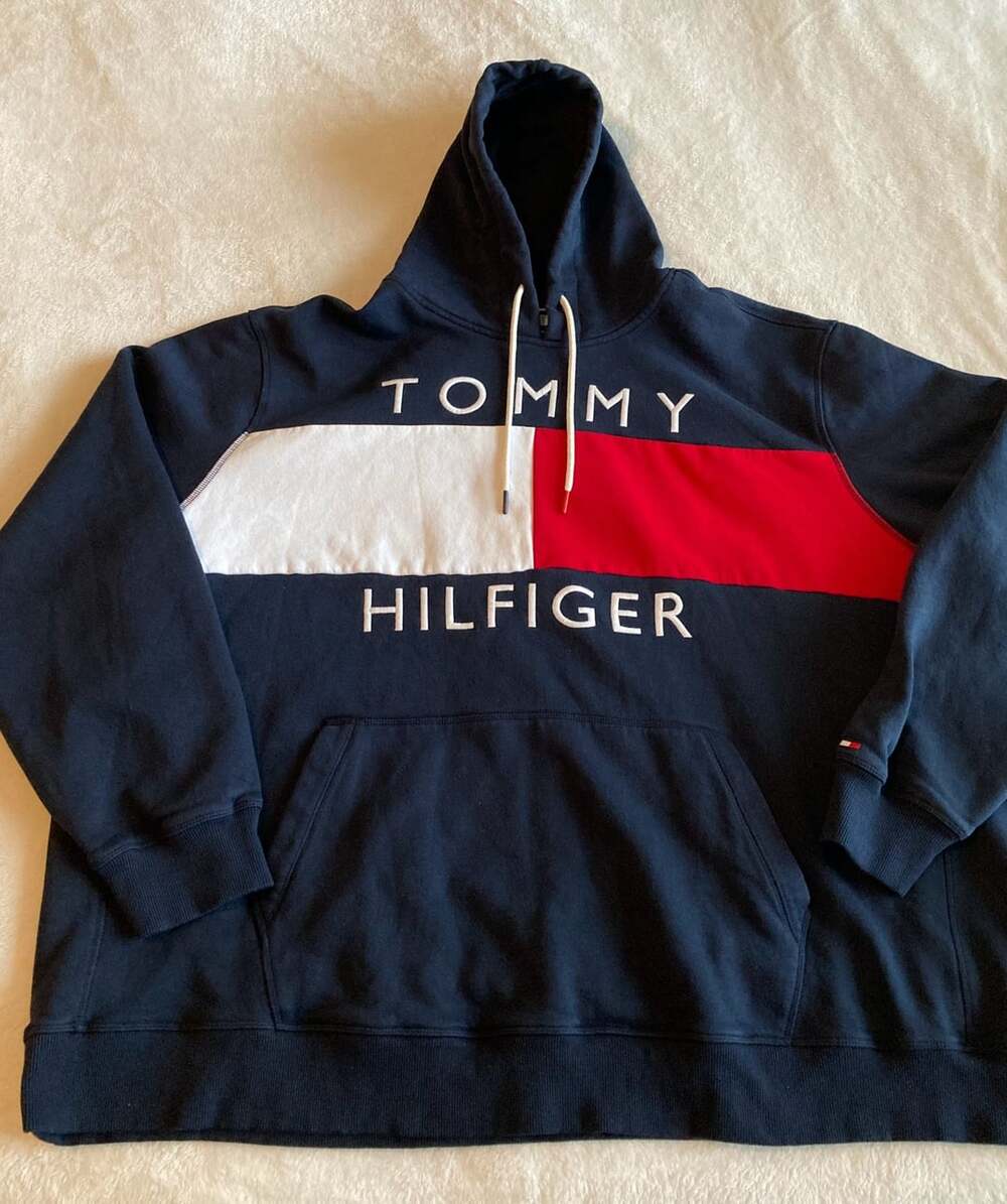 Tommy Hilfiger Flag Logo Hoodie Size 5XLT Navy Blue Red White Pullover